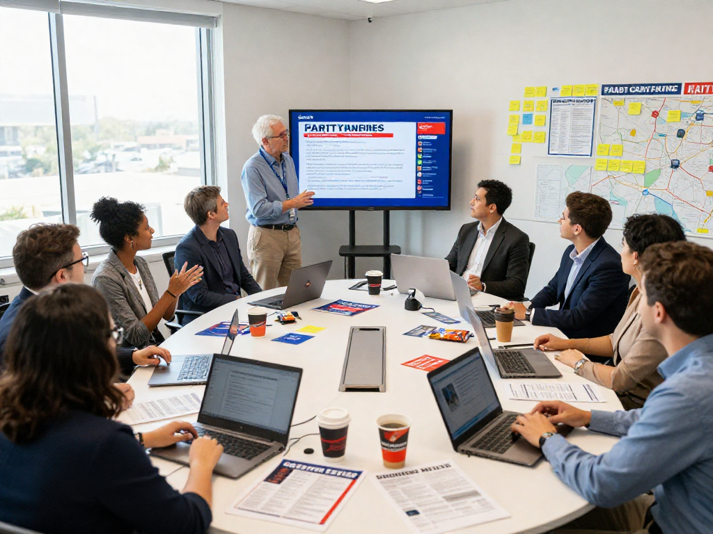 Campaign strategy meeting highlighting political survey research insights with diverse team.