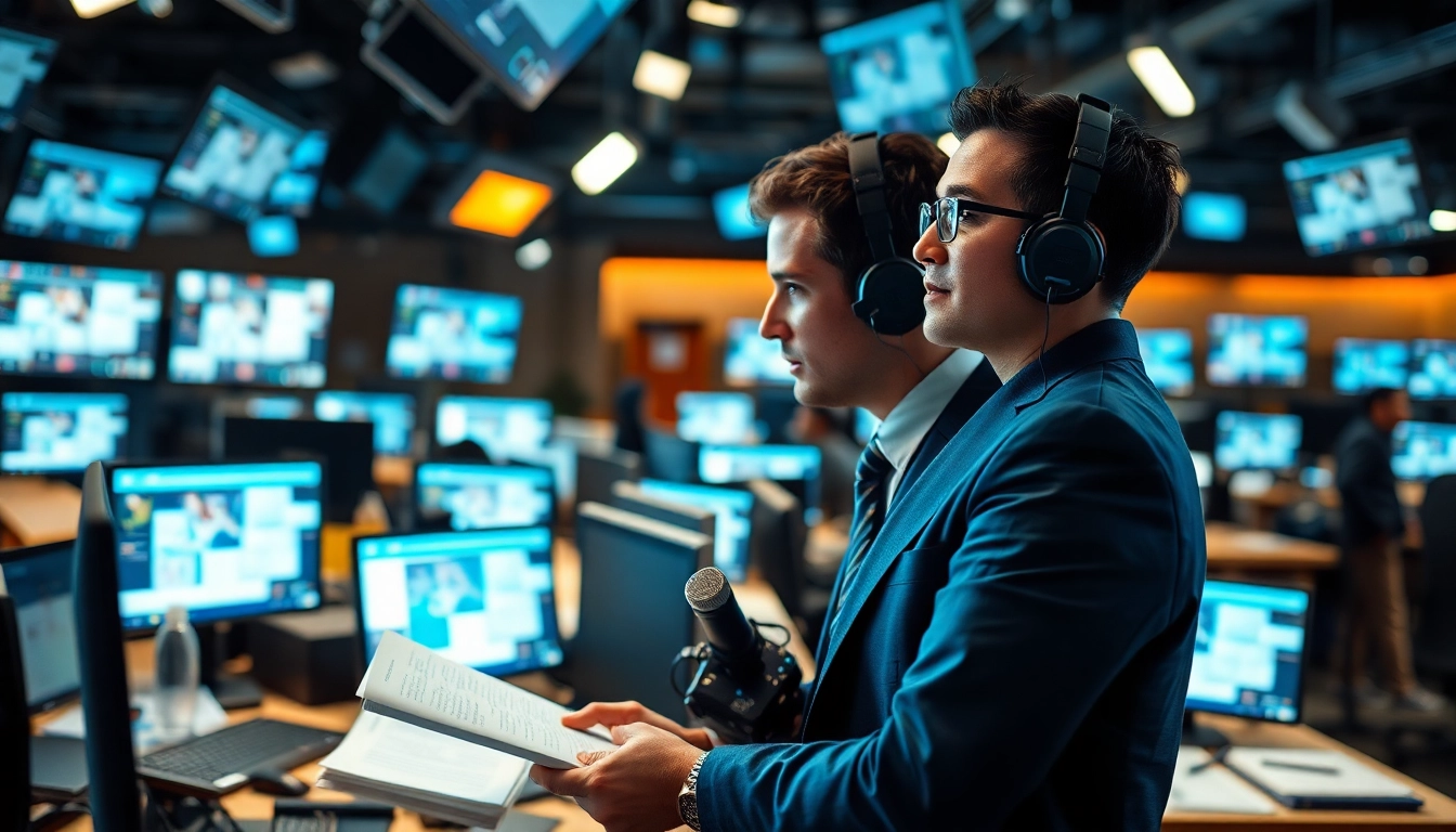 Journalist reporting breaking news in a vibrant newsroom environment filled with activity.