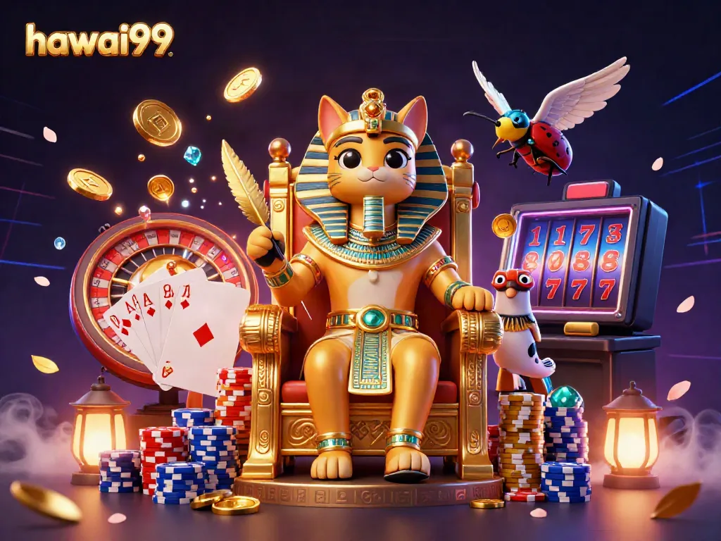 Spin the reels with hawai99 in this vibrant illustration of an Egyptian-themed casino.