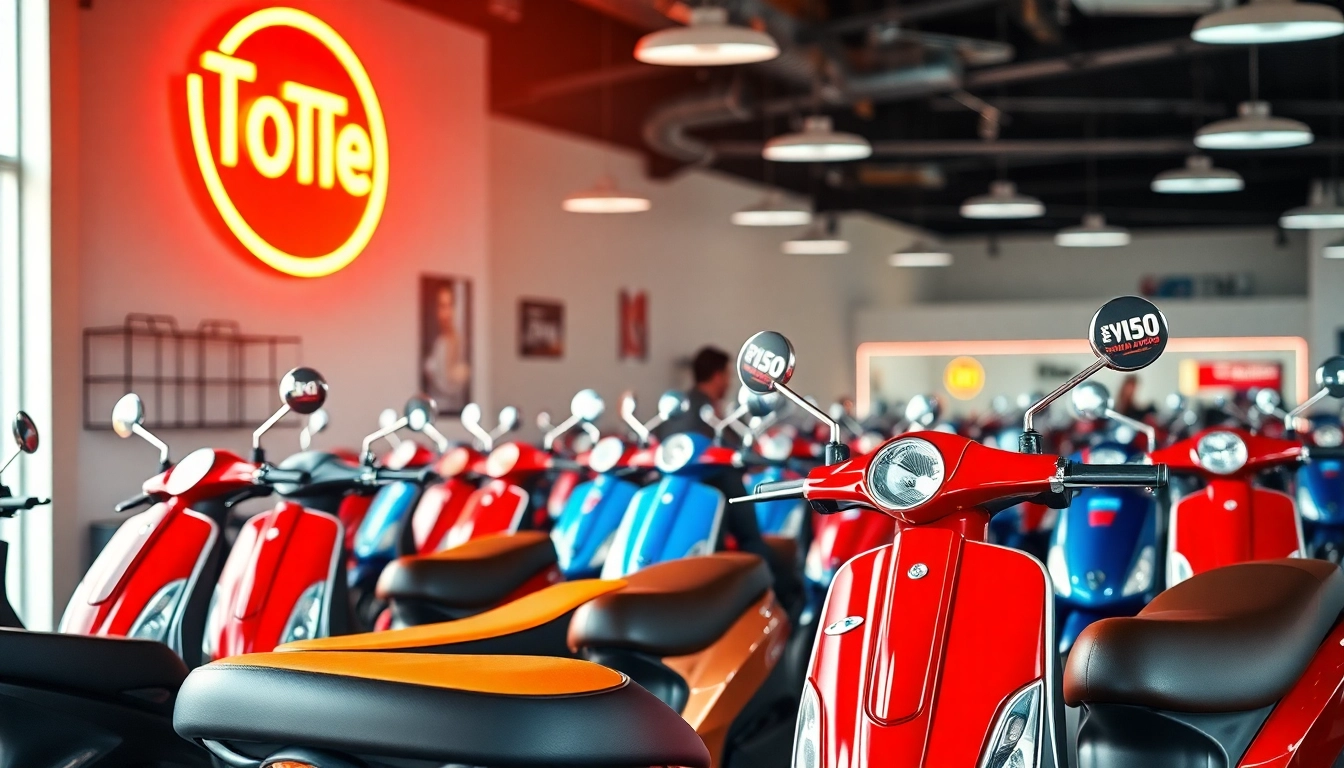 Motorroller kaufen: Verschiedene Modelle in einem modernen Showroom mit attraktiven Preisschildern