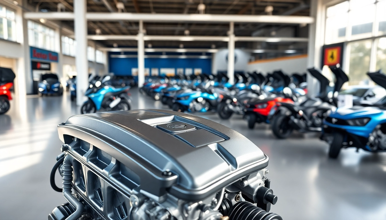 Showcase of used engines in a professional automotive showroom.