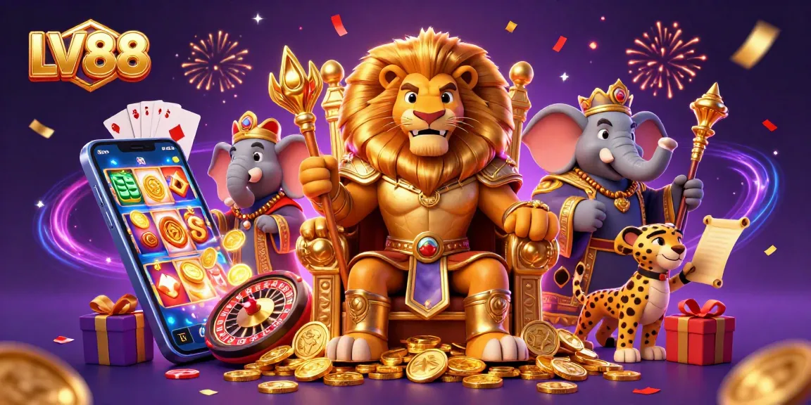 Experience LV88's exciting gaming scene with a lion king, elephant advisor, and cheetah messenger.