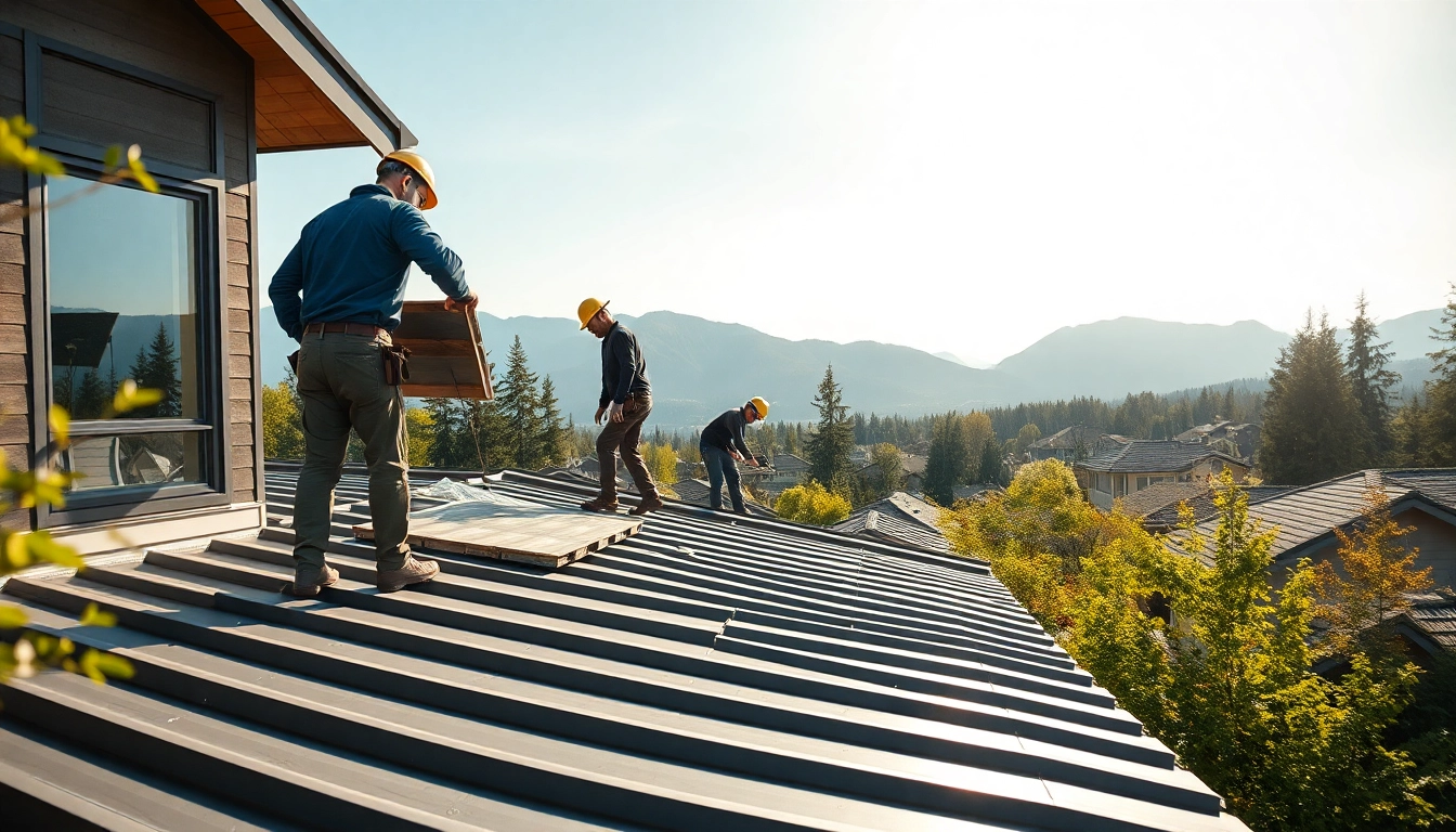 Skilled workers installing metal roofing vancouver on a modern home surrounded by greenery.