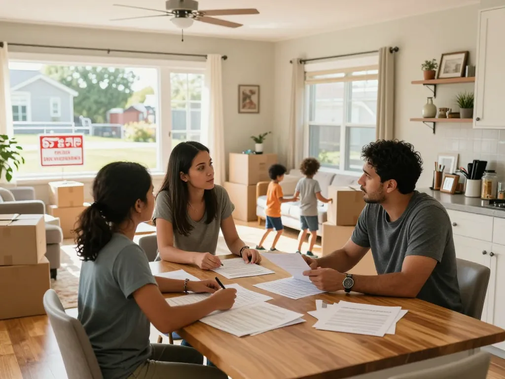 Sell my home urgently scene with family preparing their house for a quick sale amid moving boxes and paperwork.