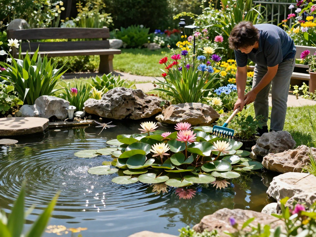 Water Lilies thriving in a garden pond, with a gardener tending to vibrant blooms.