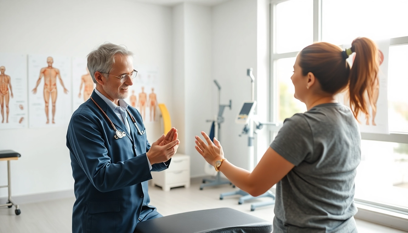 Physiotherapie: Therapeut bei der Behandlung eines Patienten in einer modernen Klinik.