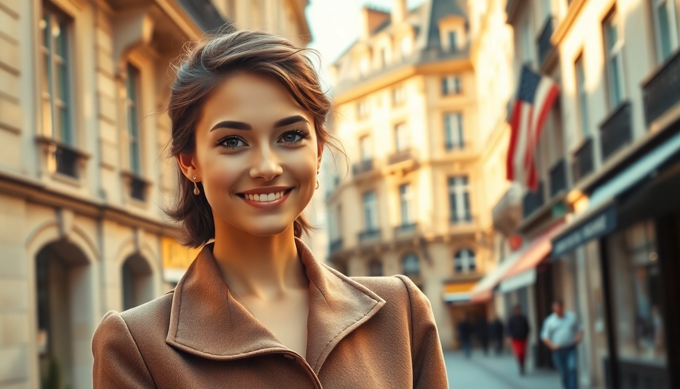 A young woman embodies Mademoisele elegance against a Parisian backdrop, showcasing style and confidence.