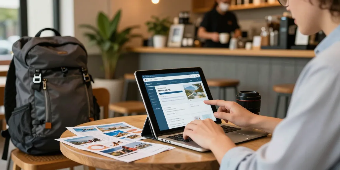 Traveler using travel agency CRM in a cozy café for planning trips.