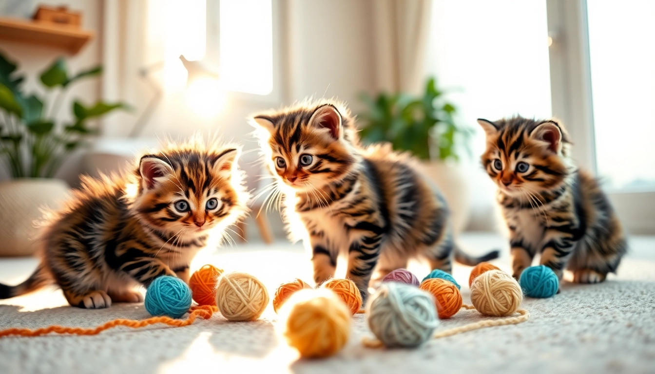 Maine Coon kittens for sale Sacramento playing with colorful yarn in a cozy indoor setting.