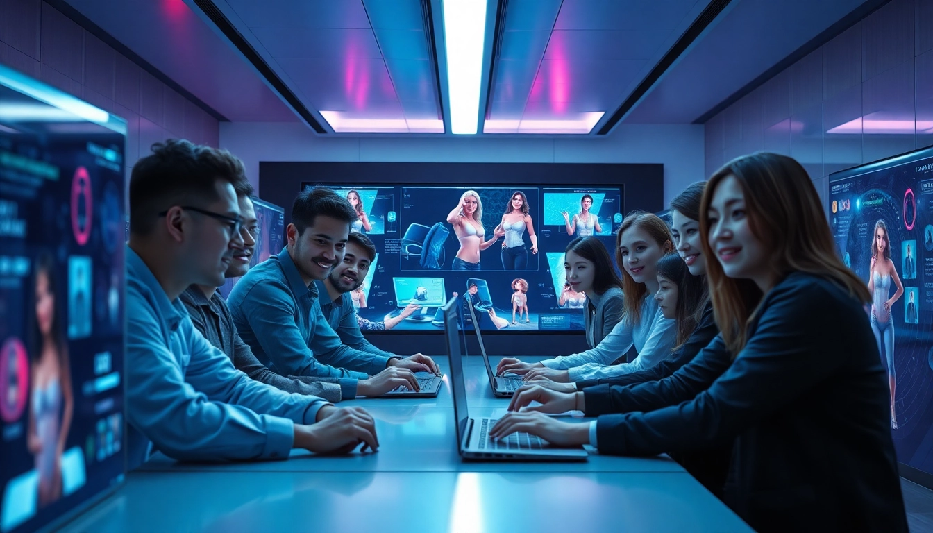 Futuristic workspace showcasing users engaging with the AI NSFW image generator, featuring dynamic digital art.