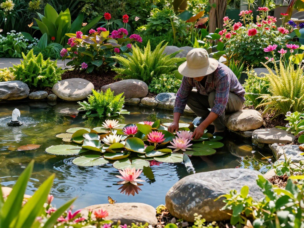 Buy Pond Plants Online from a vibrant garden scene featuring colorful lilies and ferns.