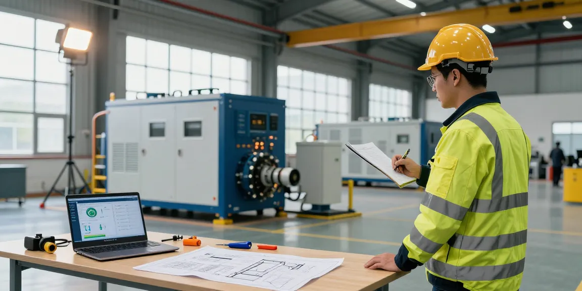 Engineer inspecting a gas CHP unit for effective Power Generation in a dynamic industrial setting