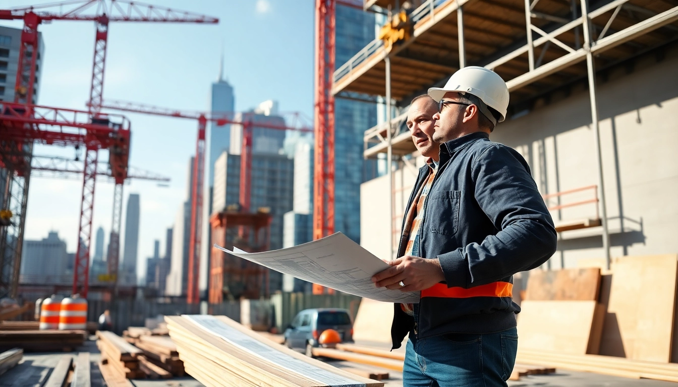 New York Commercial General Contractor collaborating on a construction site amidst city skyline.