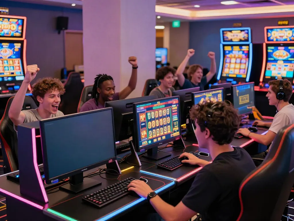 Pengalaman bermain slot777 yang menyenangkan di ruang gaming modern dengan pemain penuh semangat.