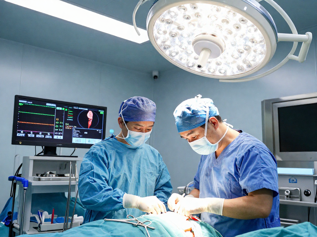 Spinal surgery scene showcasing Dar kanal ameliyatı with a surgeon focused on patient care, advanced instruments, and monitors.