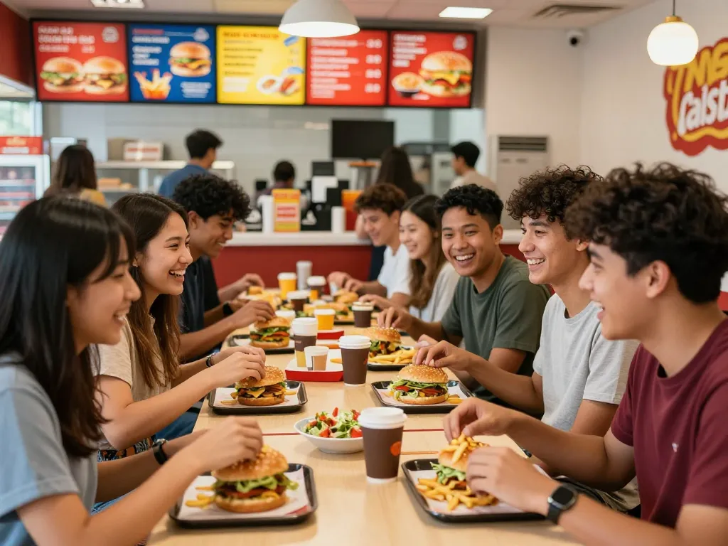 Friends enjoying diverse fast food prices together at a lively restaurant table.