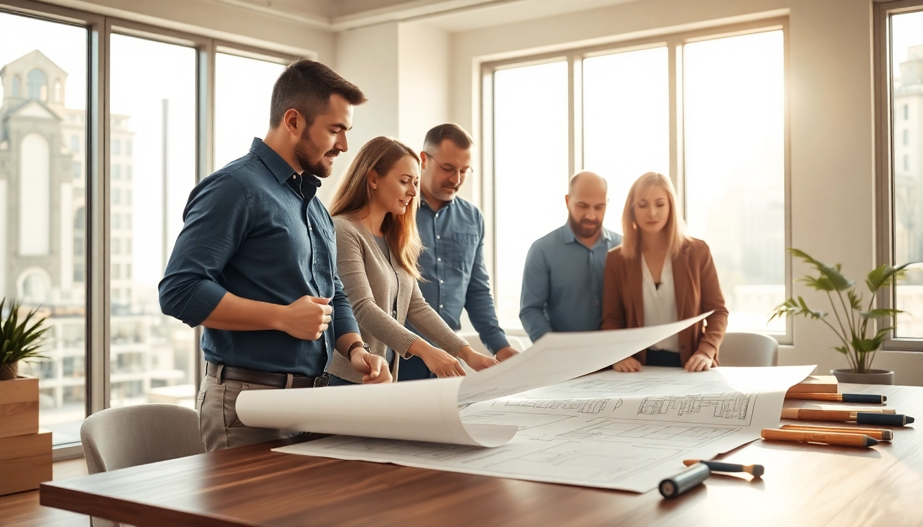 New Jersey General Contractor collaborating on construction plans in a modern office setting.