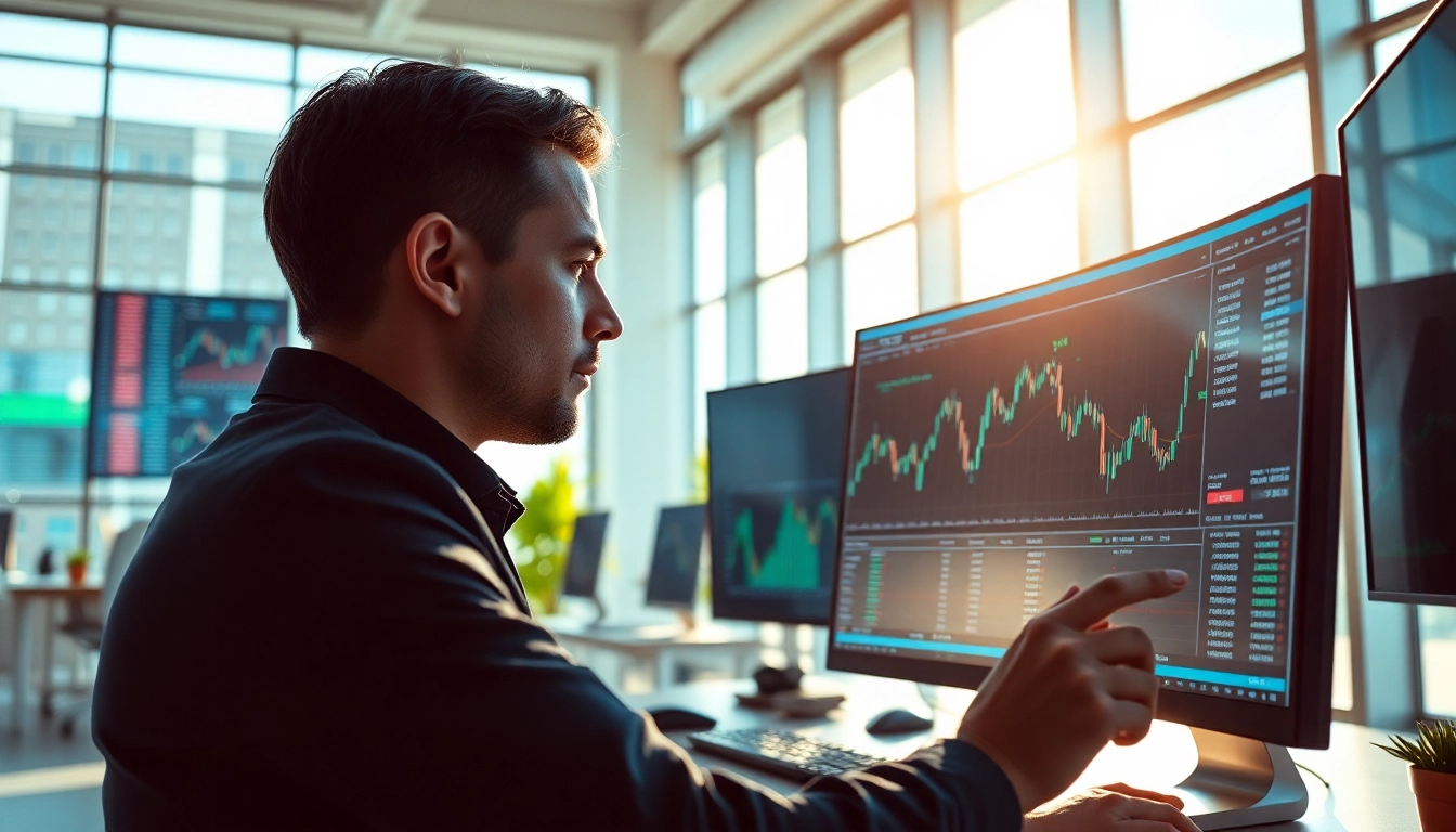Engaged trader utilizing AI-Powered Quant Trading tools in a modern analytics office setting.