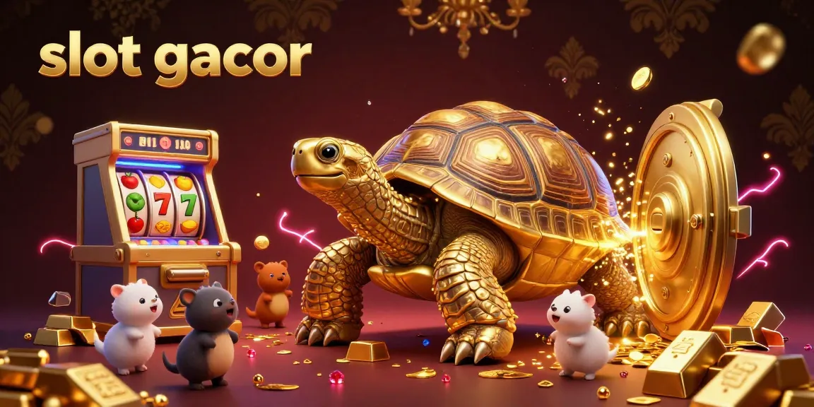 Experience the excitement of slot gacor with a vibrant scene featuring a colossal golden tortoise as a pinball machine.