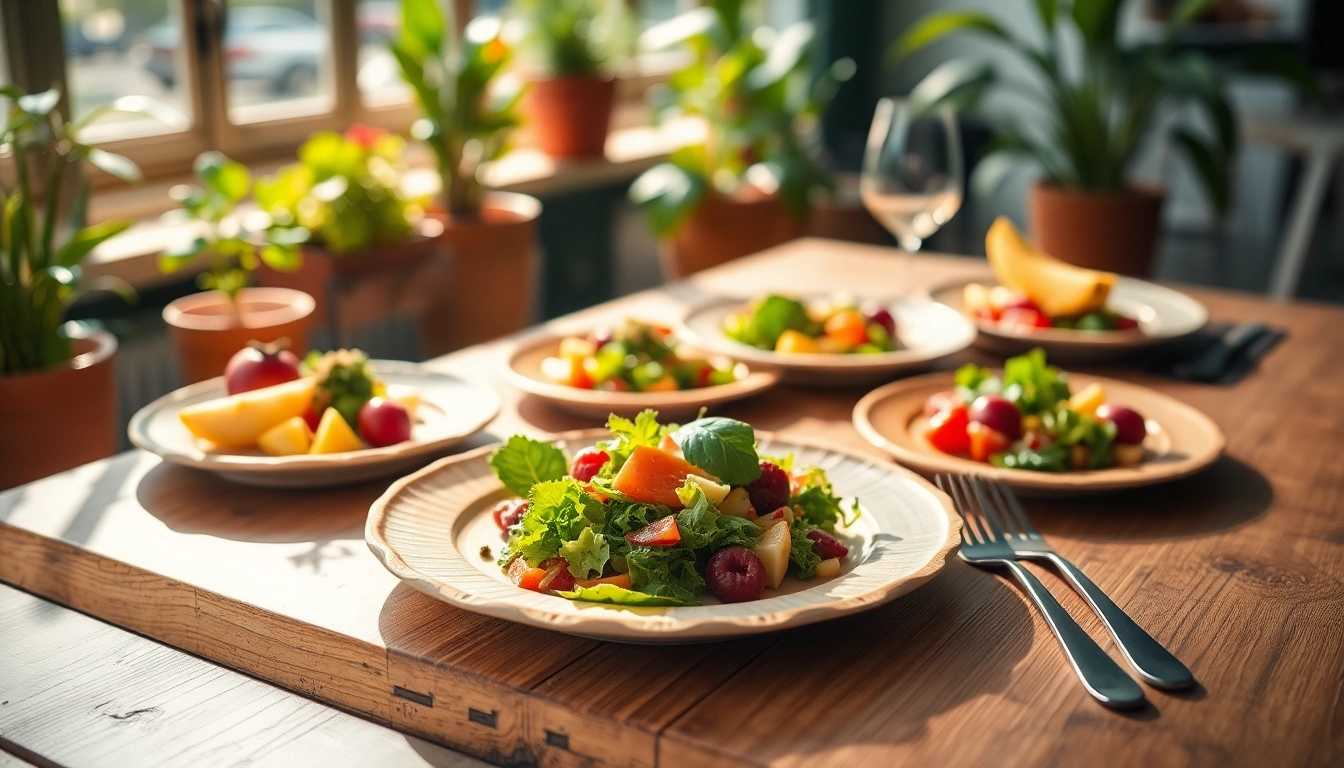 Showcase compostable sugarcane plates arranged beautifully with fresh salads, highlighting eco-friendliness.