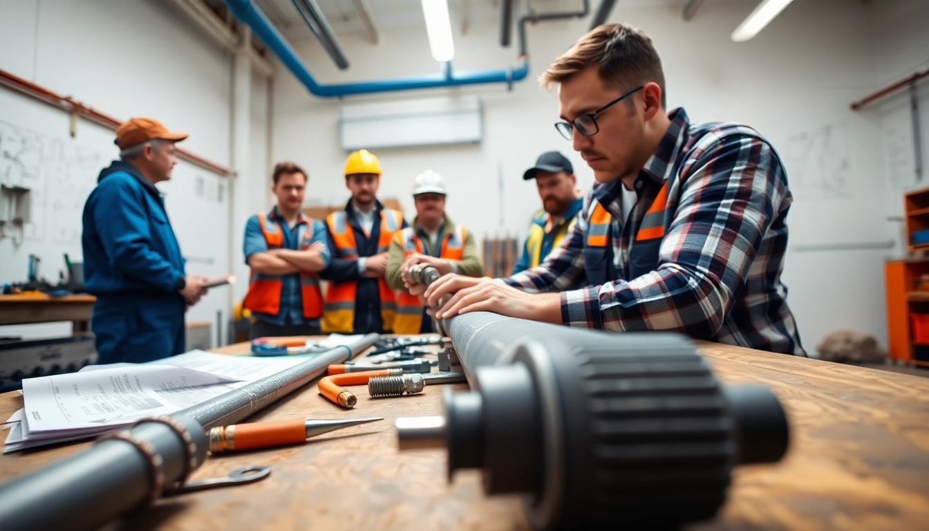 Engaging plumbing apprenticeship training session with instructor and students in a workshop.