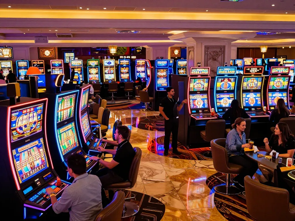 Exciting casino scene showcasing top quality widgets while players celebrate wins at slot machines.