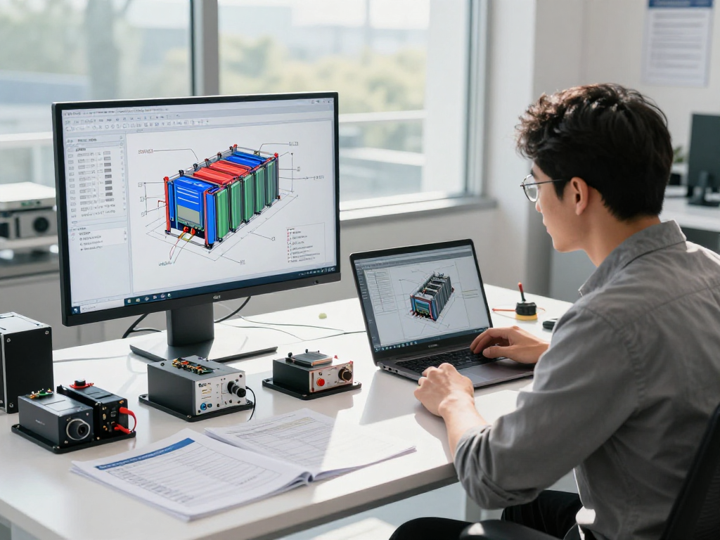 Engineer designing custom OEM&ODM lithium battery packs in a modern workspace.