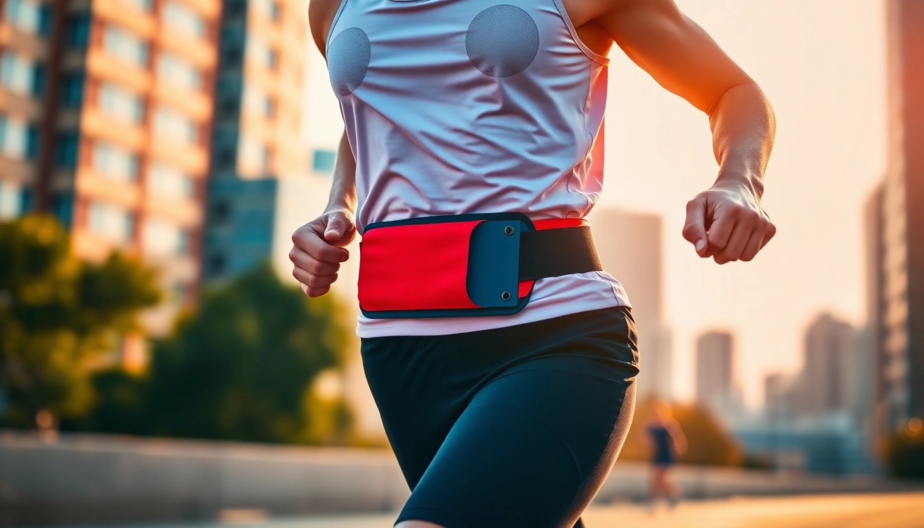 Runner displaying a running waist belt on a vibrant urban backdrop, highlighting its sleek design.