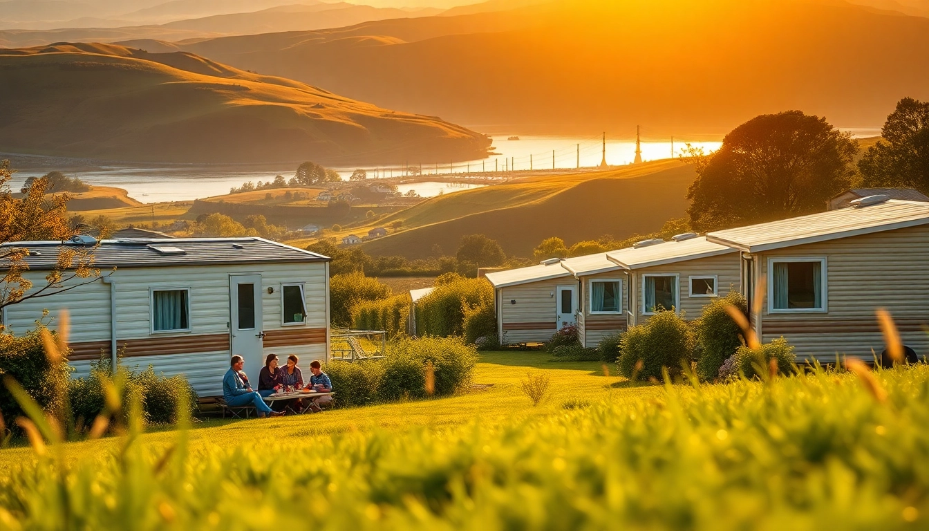 Family enjoying Static Caravans in a picturesque outdoor setting with a tranquil atmosphere.