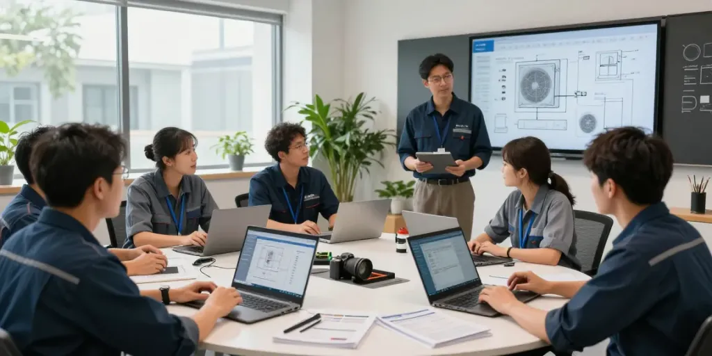 Technicians using HVAC software to optimize operations in a modern office setting.