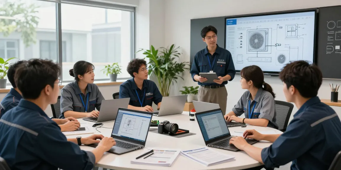 Technicians using HVAC software to optimize operations in a modern office setting.