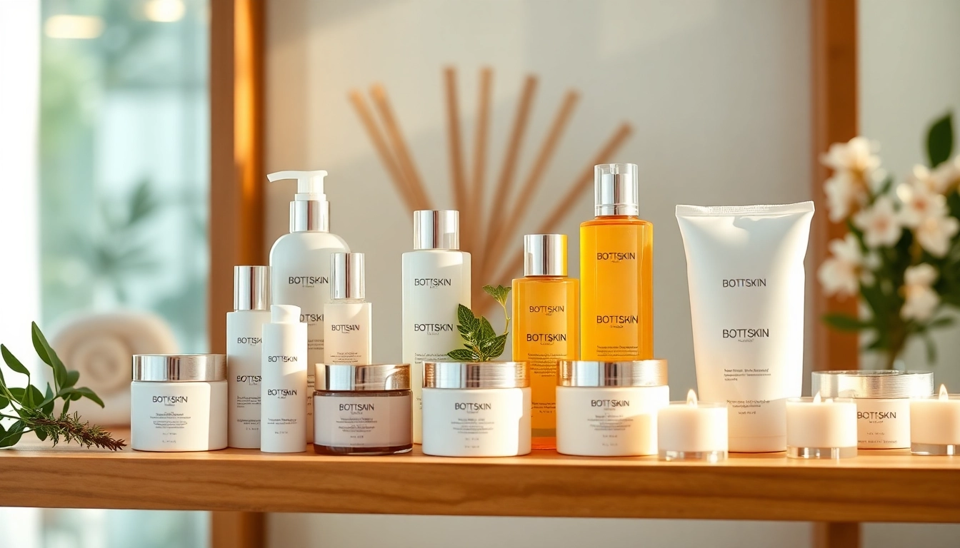 BOTTiSKIN Produkte stilvoll arrangiert auf einem Holzregal in entspannender Spa-Umgebung.