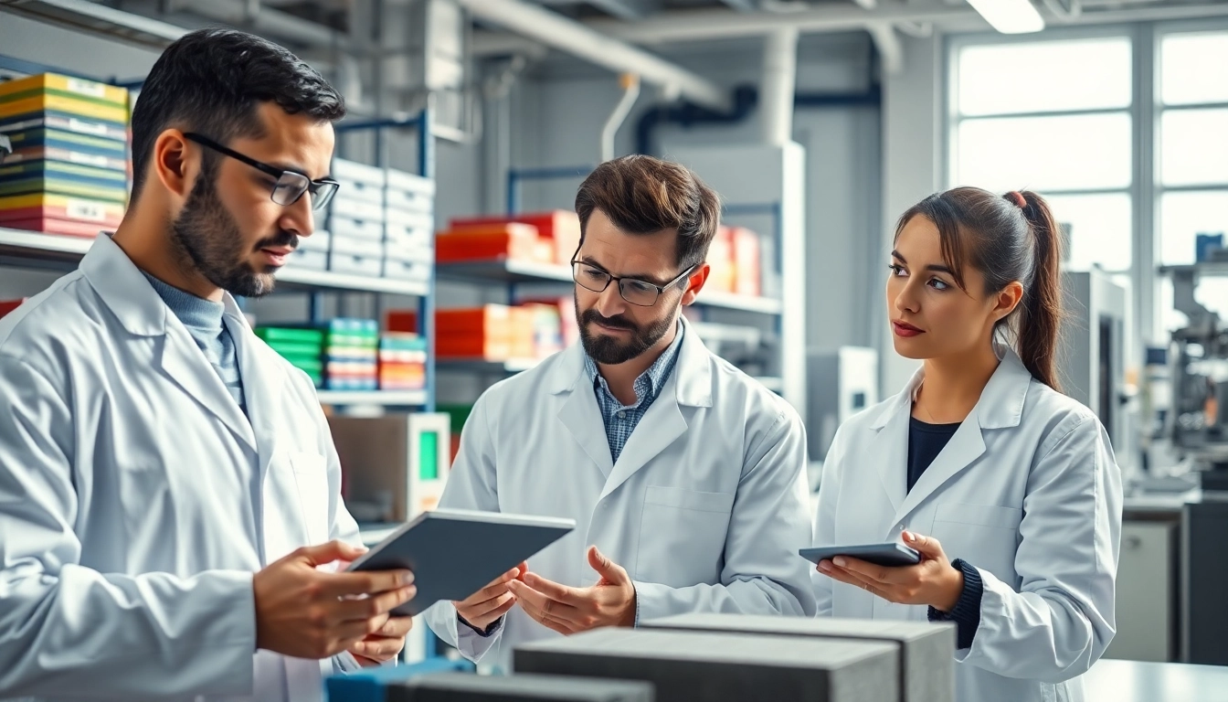 Scientists analyzing Engineered Composites in a modern laboratory filled with advanced materials.
