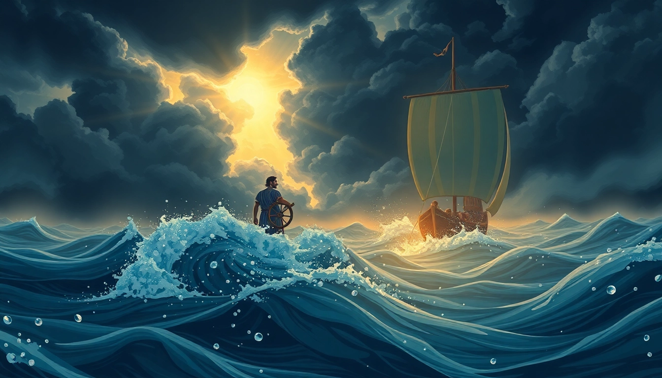 Discover the odyssey meaning origin through an artistic depiction of Odysseus's heroic journey.