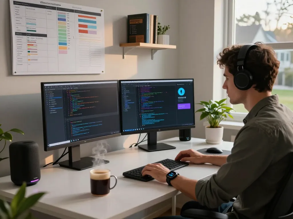 Moltbot AI user engaged in coding tasks with innovative tech setup in a modern home office.