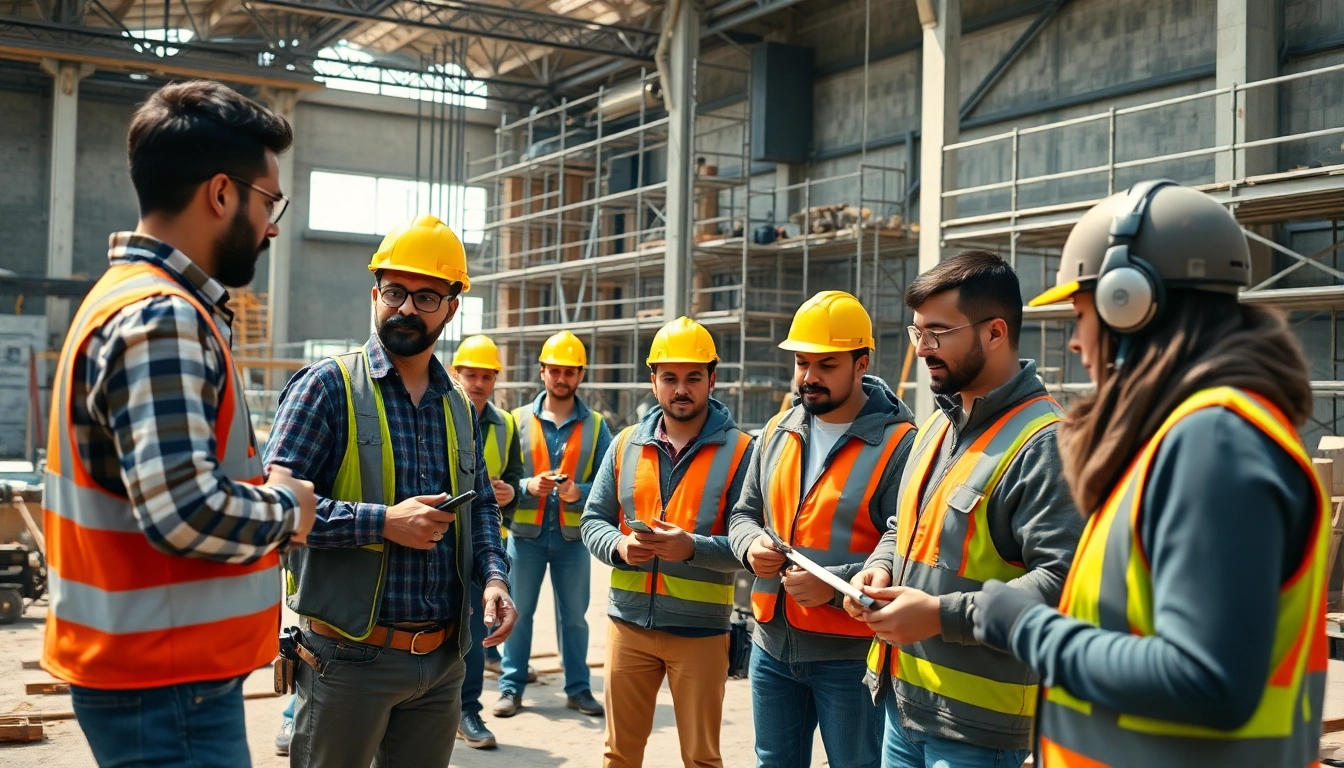 Engaged participants in a construction training session utilizing tools in an industrial environment.