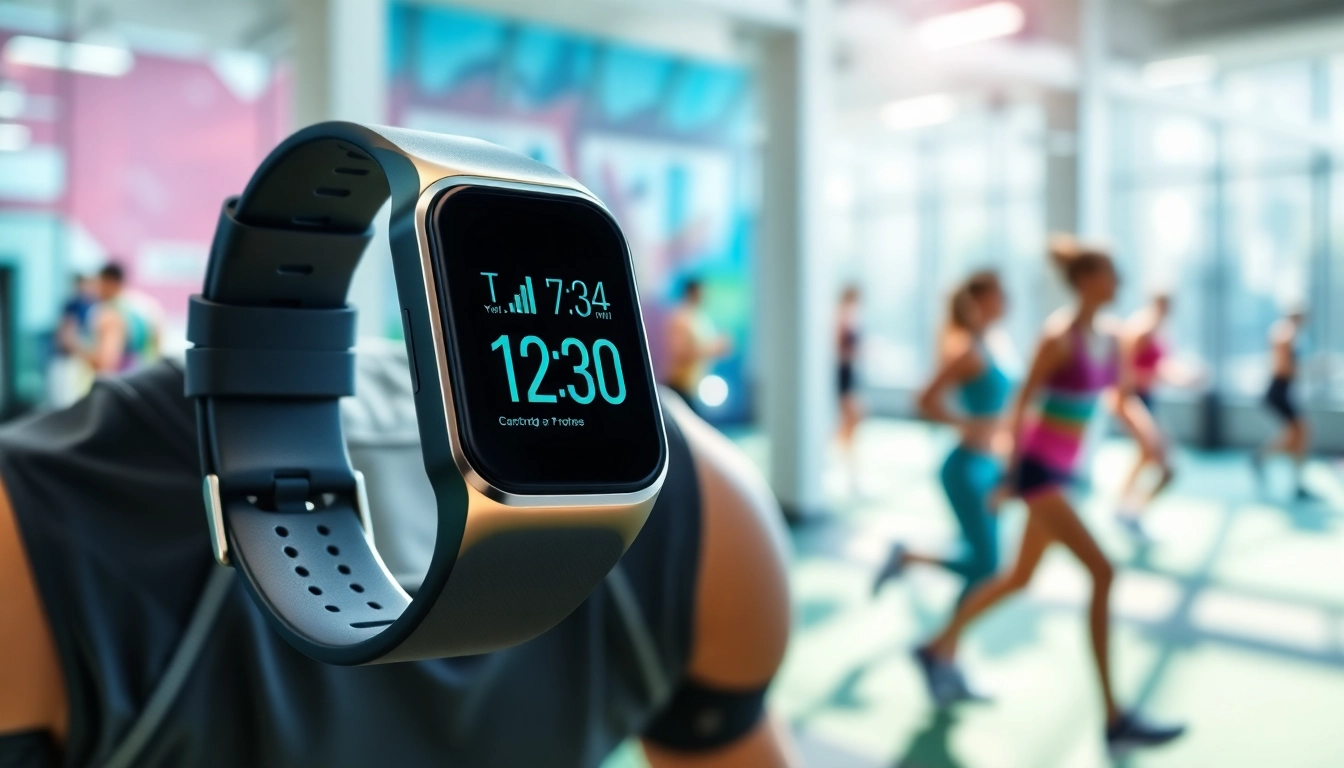 Fit individual using the Ringconn fitness tracker during a workout in a vibrant gym.