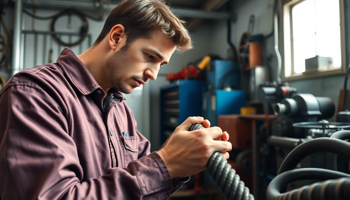 Expert performing hydraulic hose repair with precision in a bright workshop setting.