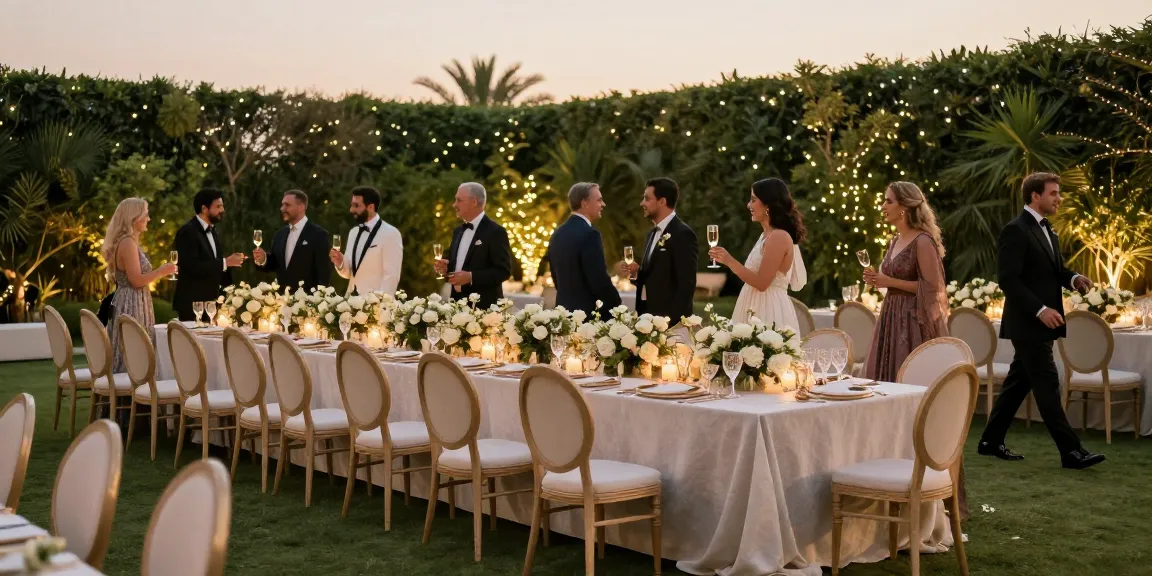Event furniture rental setup for a luxurious wedding in a beautiful outdoor setting.