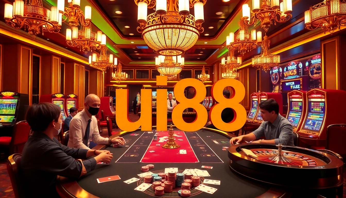 Experience thrilling poker gameplay at uu88's luxurious casino with vibrant colors and engaging players.