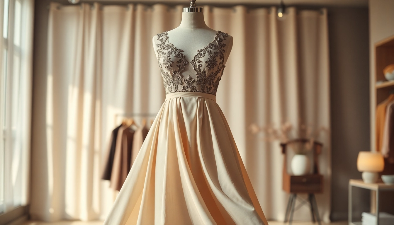 Model wearing a beautiful designer dress with intricate details highlighted in soft lighting.
