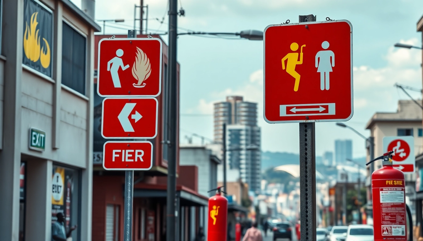 Display of fire safety signs and symbols Kenya in an urban setting highlighting safety awareness.