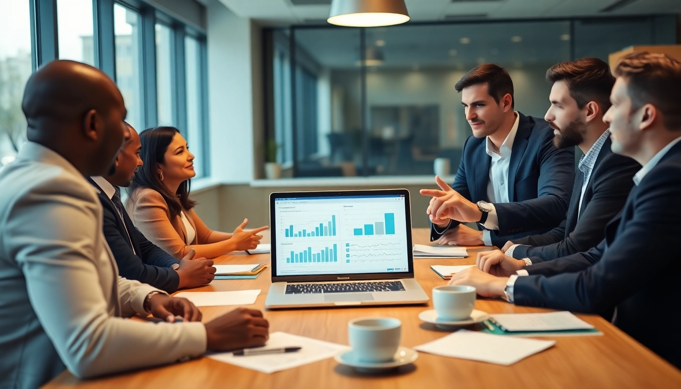 Engaging professionals discussing strategies to buy biz sell in a modern office setting.
