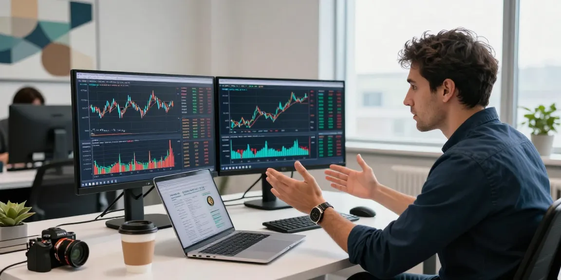 Financial analyst reviewing Ethereum price live on dual monitors in a modern office workspace.