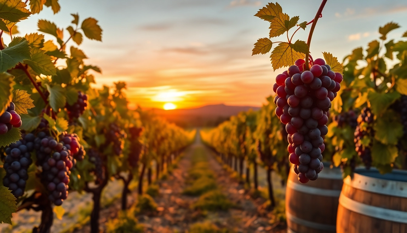 Experience a picturesque vineyard in Clarksburg California at sunset, showcasing ripe grapes and rustic barrels.