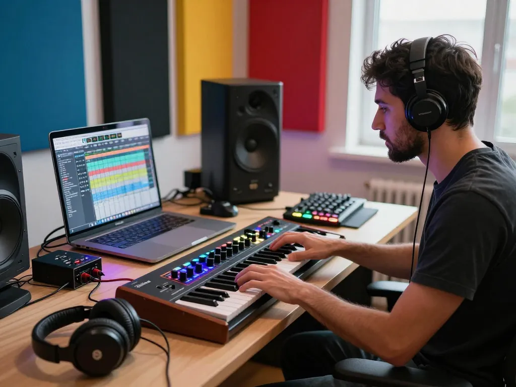 Music producer at workstation with SC88 sound module, dynamic studio lighting, and creative atmosphere.