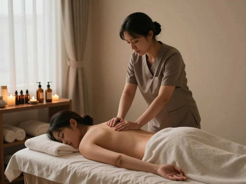 편안한 요소와 자연광이 있는 고요한 스파 환경에서의 이완 논현동마사지 세션.