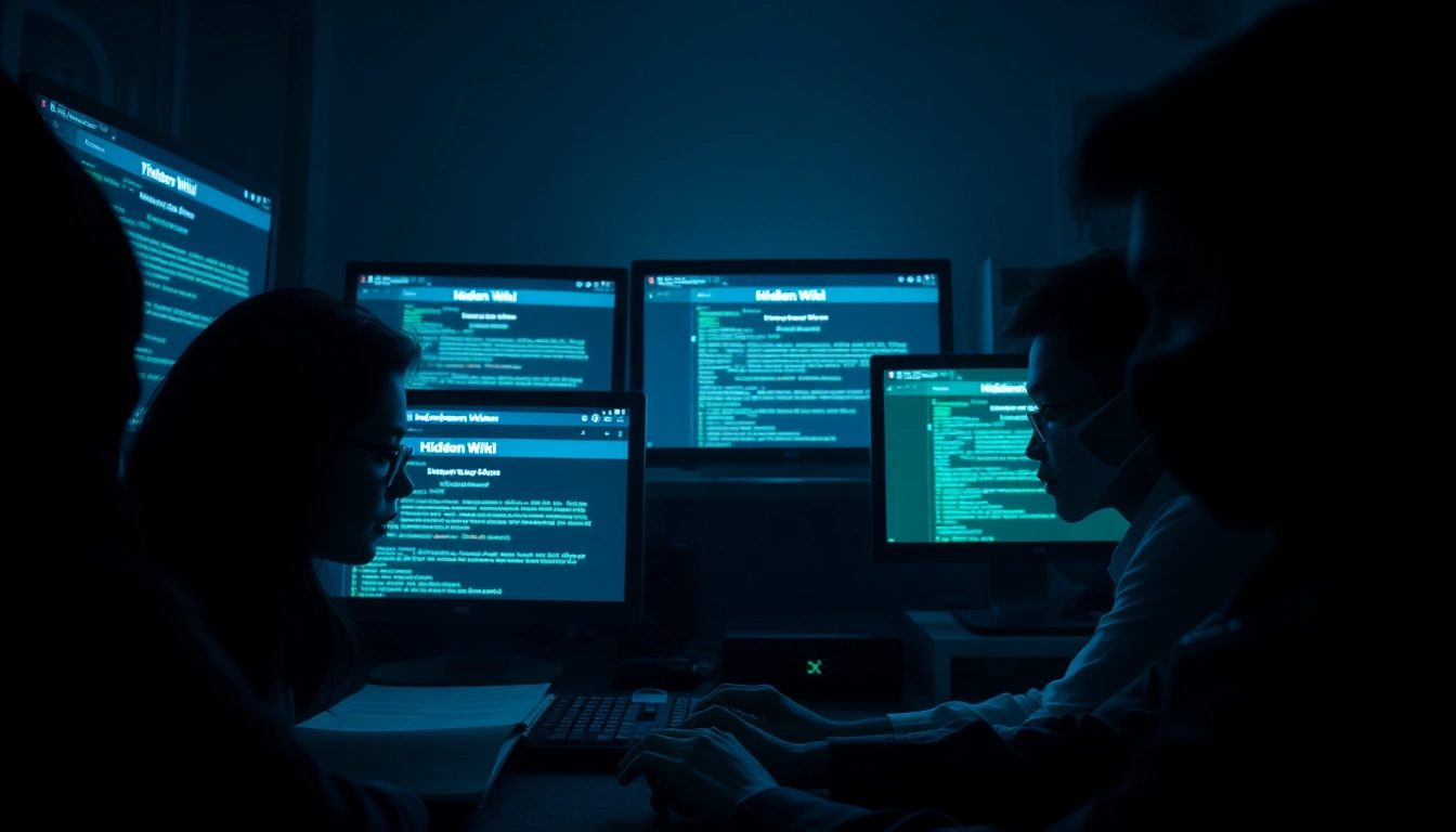 The hidden wiki tor showcased on multiple screens in a dimly lit room, depicting users navigating the dark web safely.