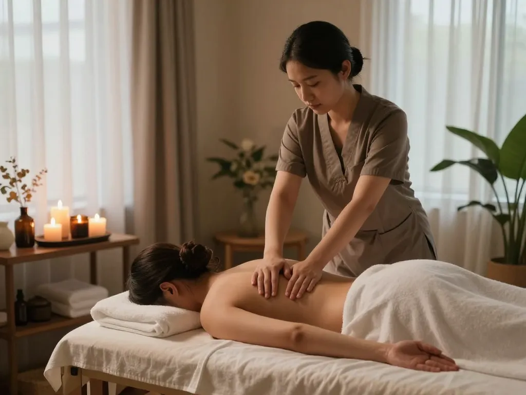 Samandong massage therapy scene with professional masseuse providing a relaxing treatment in a serene environment