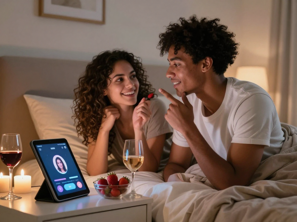 ai porn technology showcased in an intimate romantic setting with a diverse couple interacting with an AI device.